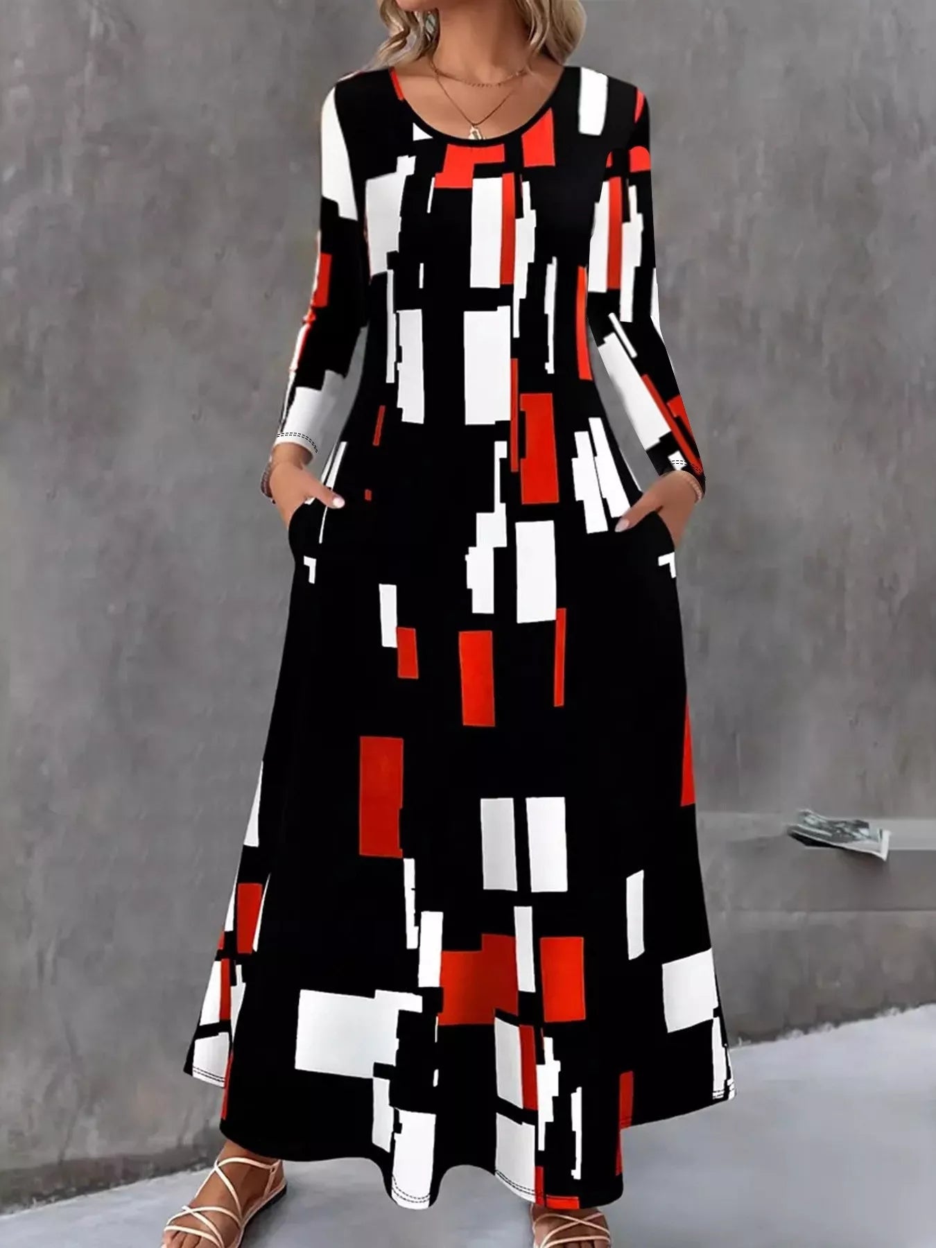 Robe maxi à manches longues imprimée géométrique   Elégance District