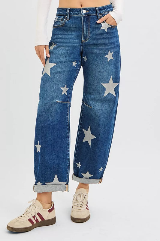 Jean RISEN taille mi-haute, longueur cheville, coupe décontractée, imprimé étoiles