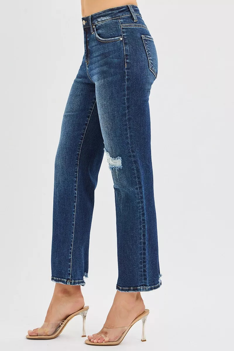 Jean droit court et slim taille haute RISEN avec renforts cachés aux genoux