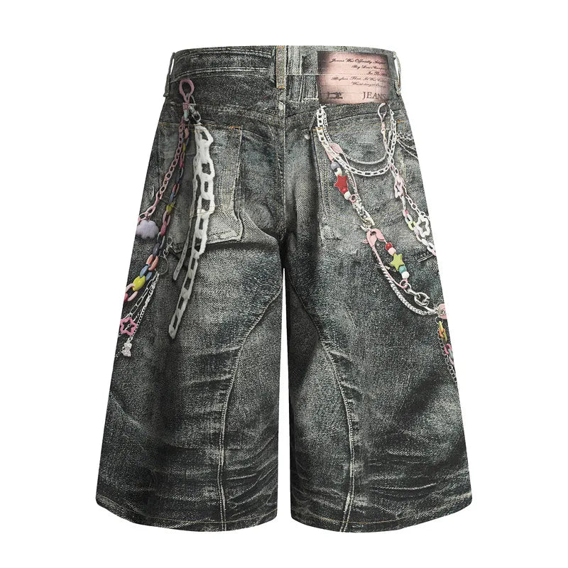Short jean imprimé de chaînes à perles colorées pour homme   Elégance District