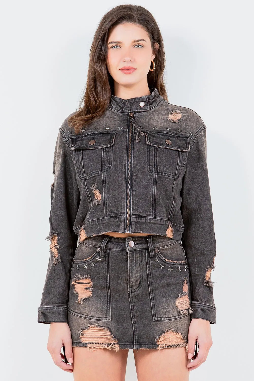 Veste de motard jean American Bazi, grande taille, effet vieilli, ornée de clous étoiles