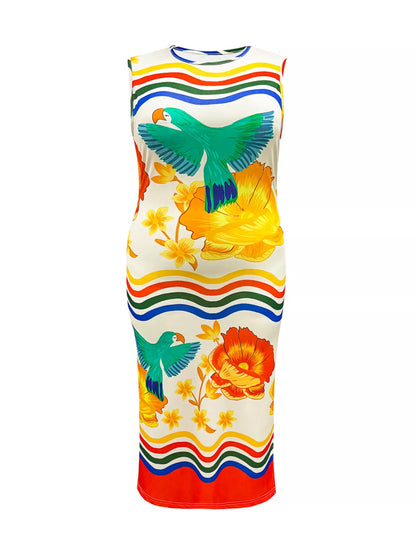 Robe midi sans manches à imprimé perroquet tropical grande taille  Elégance District