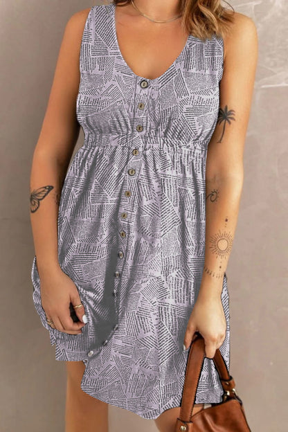 Robe Imprimée Boutonnée avec Poches Sans Manches - Élégance District