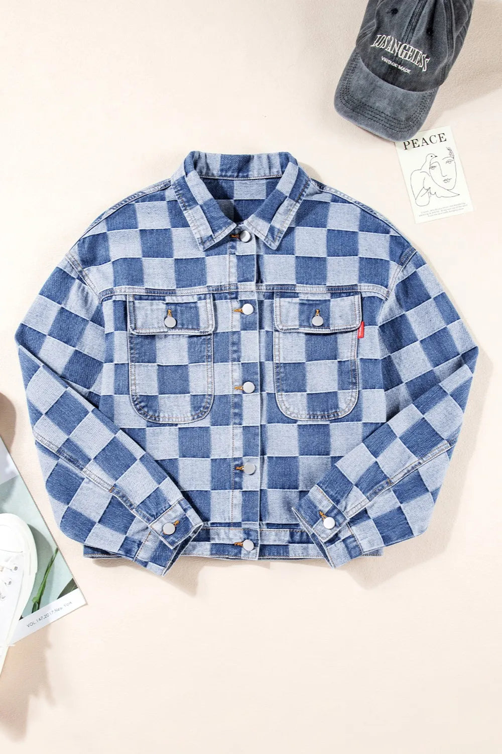 Veste  jean à carreaux boutonnée à manches longues   Elégance District