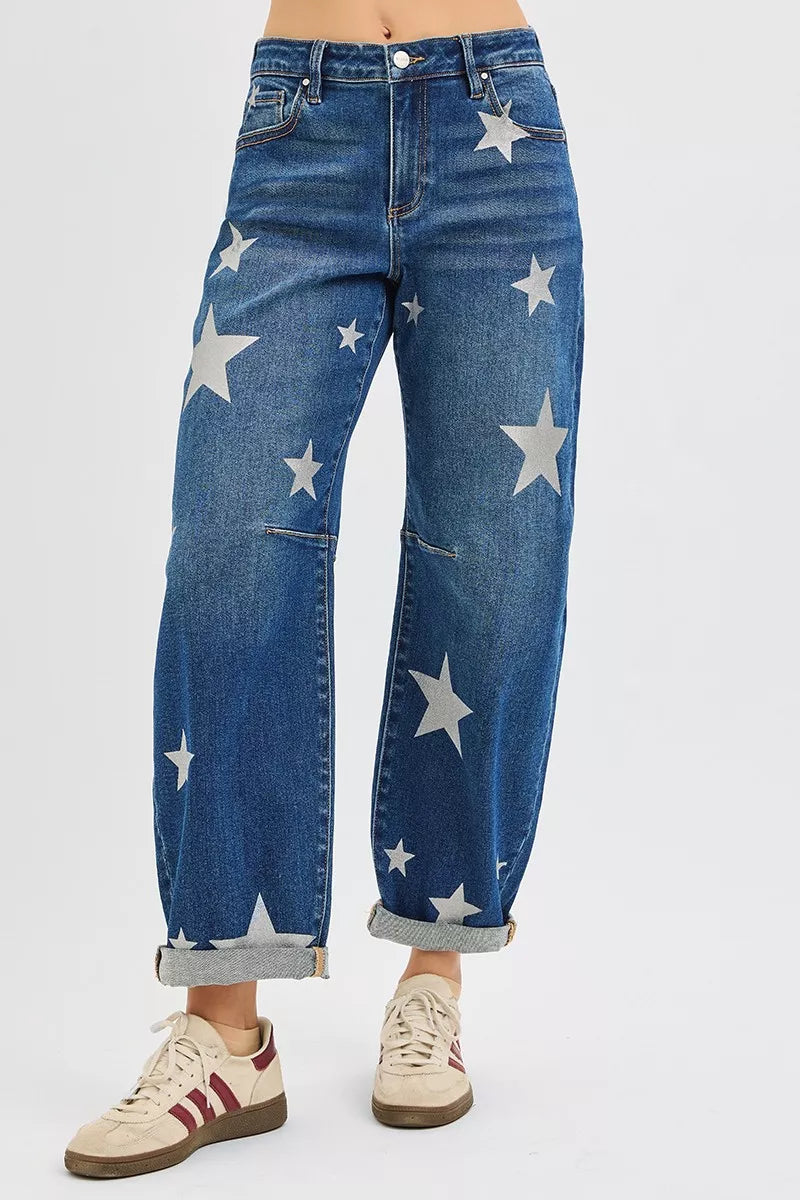 Jean RISEN taille mi-haute, longueur cheville, coupe décontractée, imprimé étoiles