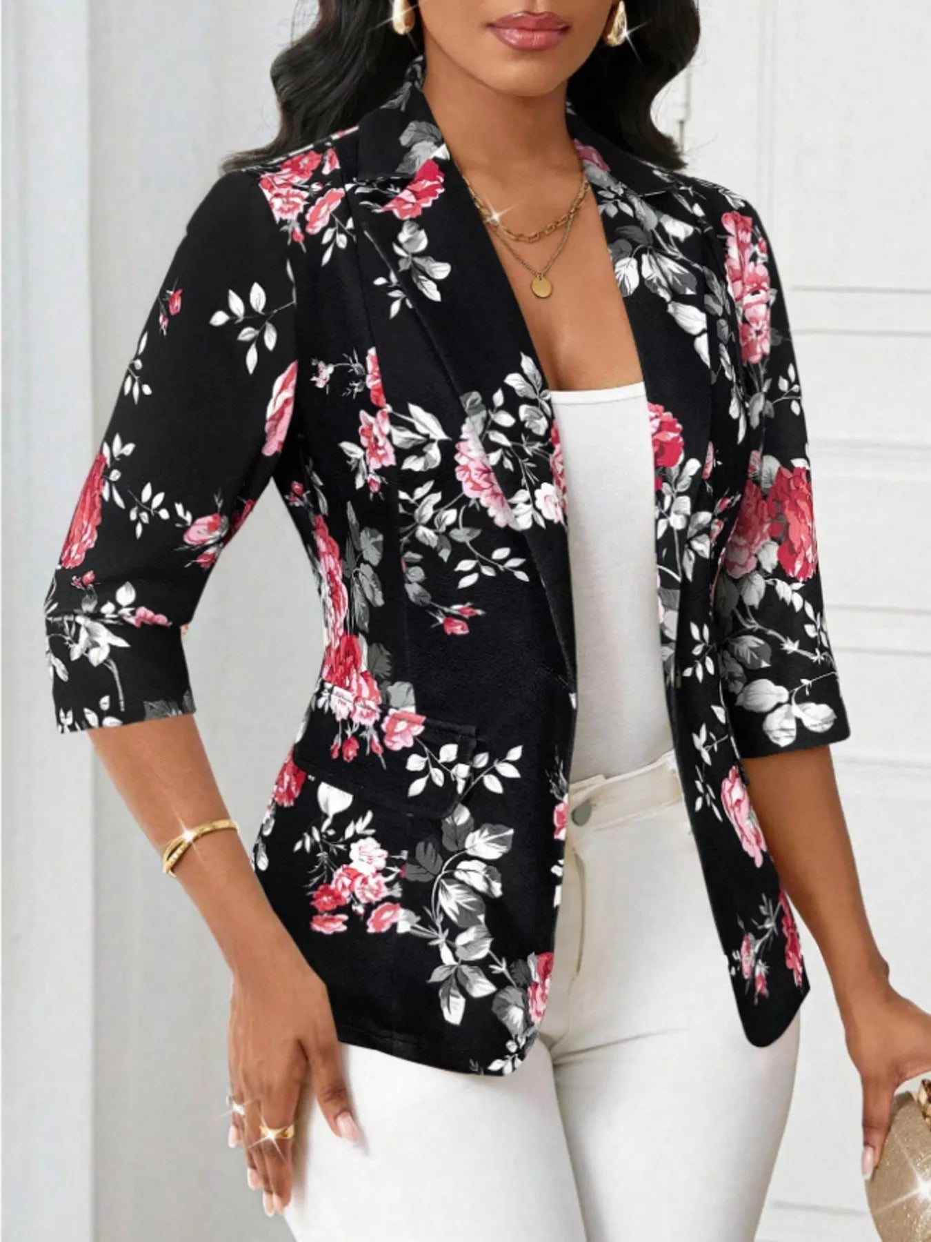 Blazer décontracté à imprimé floral et un bouton - Élégance District 