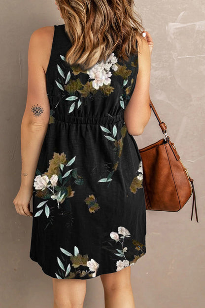 Robe Imprimée Boutonnée avec Poches Sans Manches - Élégance District