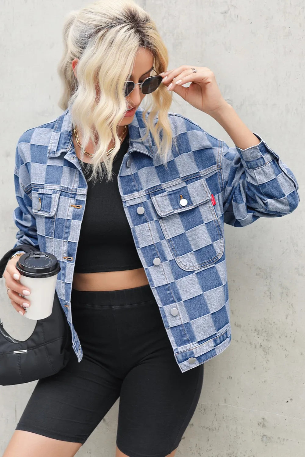 Veste  jean à carreaux boutonnée à manches longues   Elégance District
