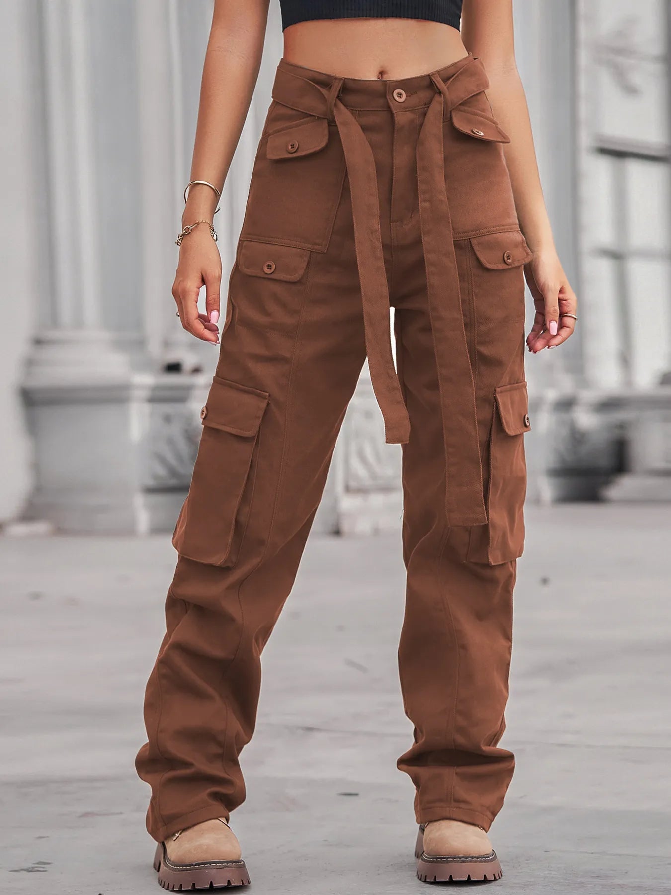 Jean cargo taille haute à poches multiples   Elégance District