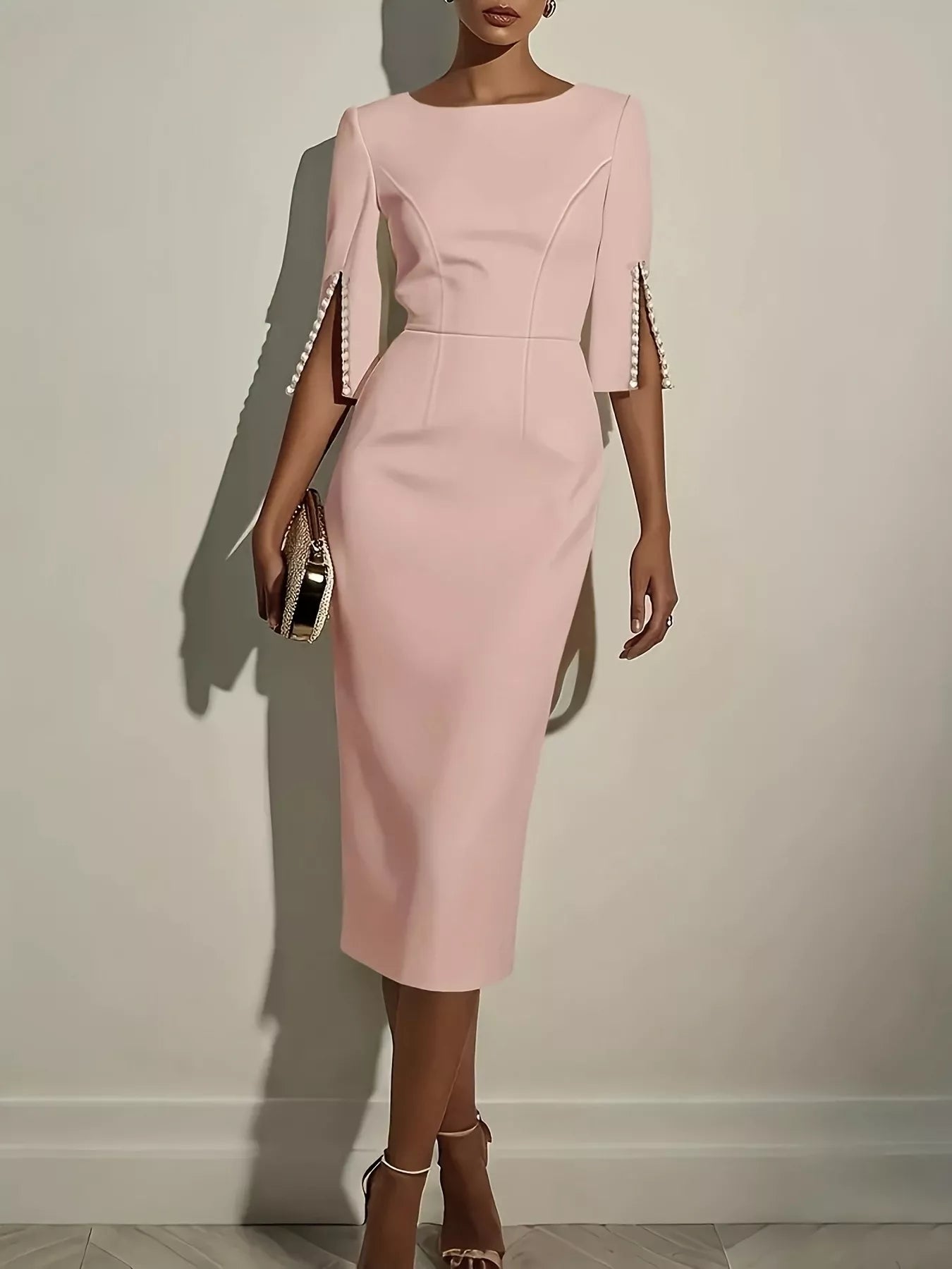 Robe midi élégante et cintrée à manches fendues ornées de perles   Elégance District