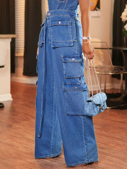 Combinaison jean cargo à jambes larges, Grandes Poches   Elégance District