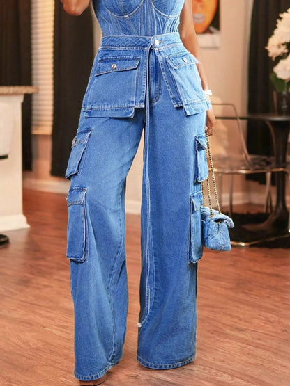 Combinaison jean cargo à jambes larges, Grandes Poches   Elégance District
