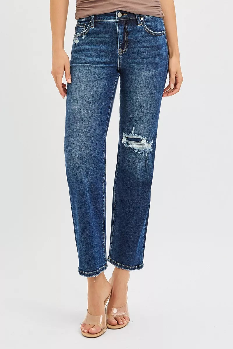 Jean droit court et slim taille haute RISEN avec renforts cachés aux genoux