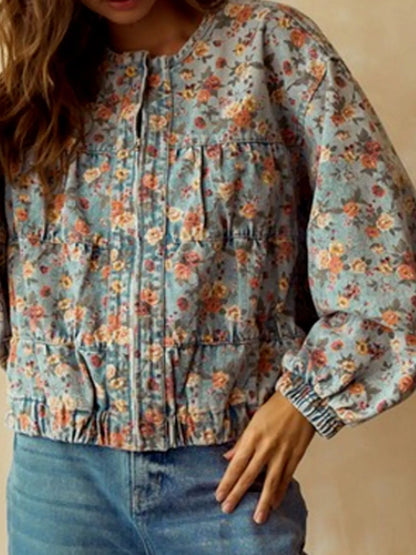 Veste jean courte zippée à imprimé floral    Elégance District