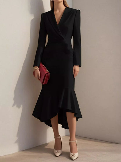 Robe blazer midi à manches longues et ourlet volanté   Elégance District