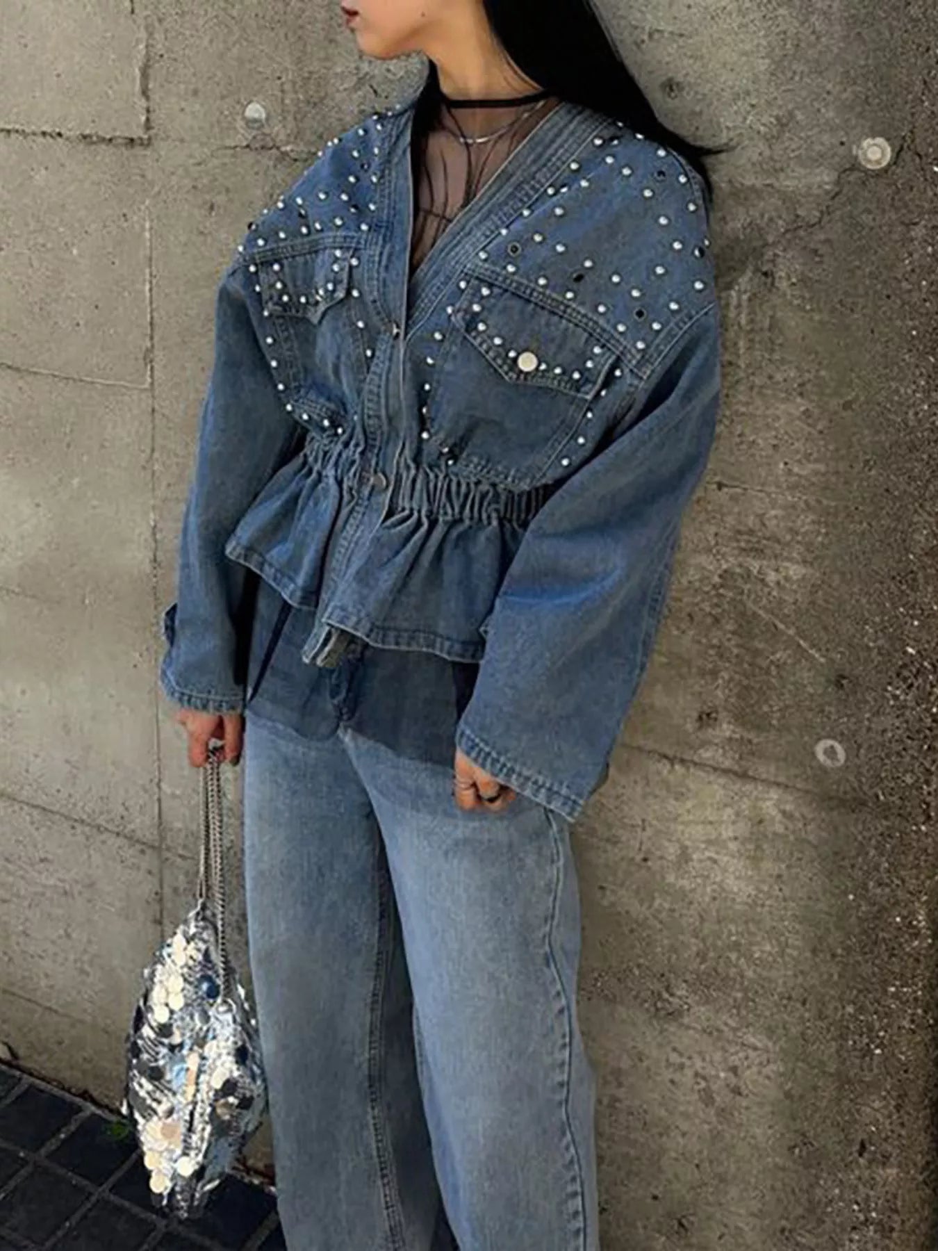Veste  jean boutonnée cloutée  Elégance District