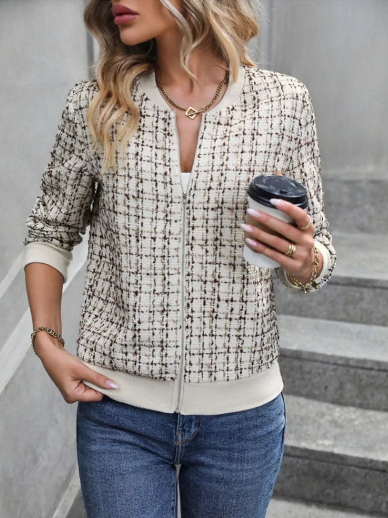 Blouson aviateur zippé en tweed - Élégance District 