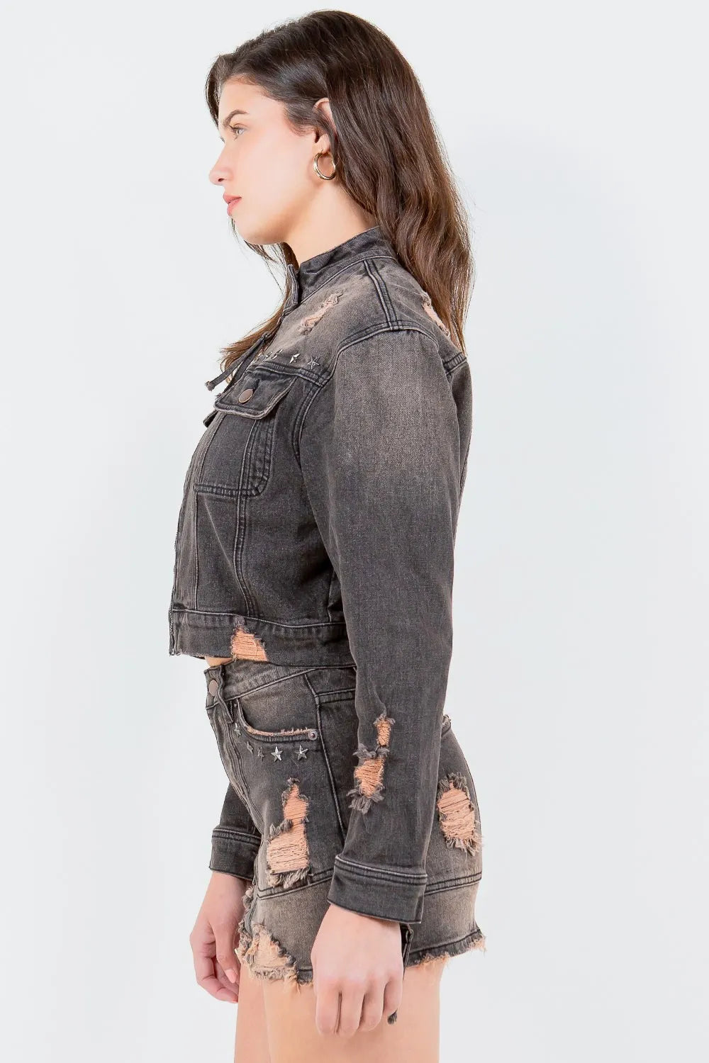 Veste de motard jean American Bazi, grande taille, effet vieilli, ornée de clous étoiles