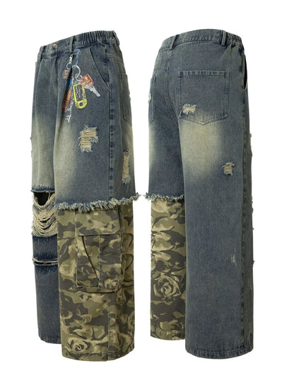 Jean homme à jambes larges, patchwork camouflage délavé  Elégance District