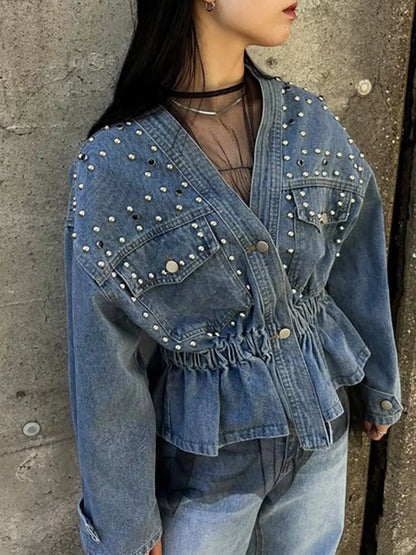 Veste  jean boutonnée cloutée  Elégance District