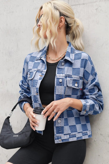 Veste  jean à carreaux boutonnée à manches longues   Elégance District