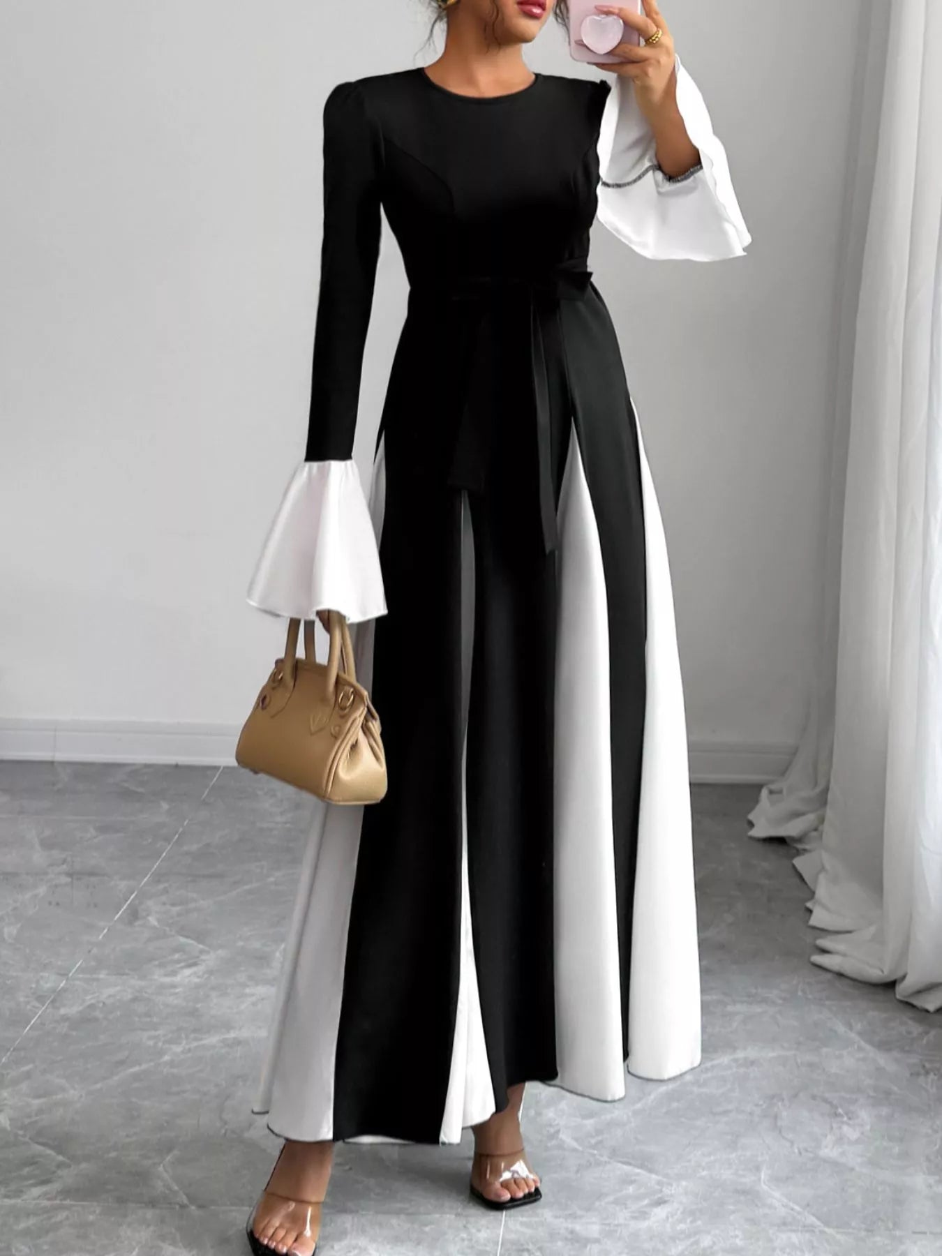 Robe longue col rond contrastant manches évasées femme - Élégance District