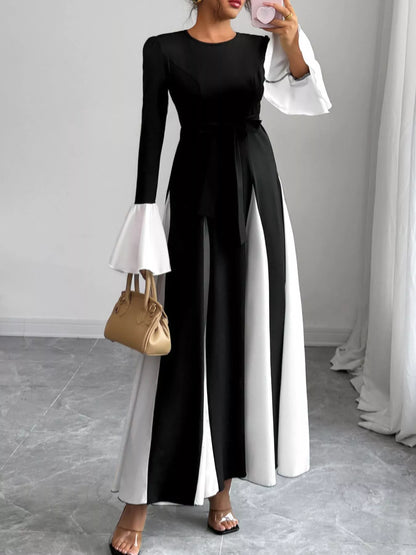Robe longue col rond contrastant manches évasées femme - Élégance District