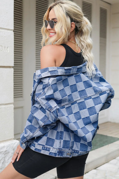 Veste  jean à carreaux boutonnée à manches longues   Elégance District