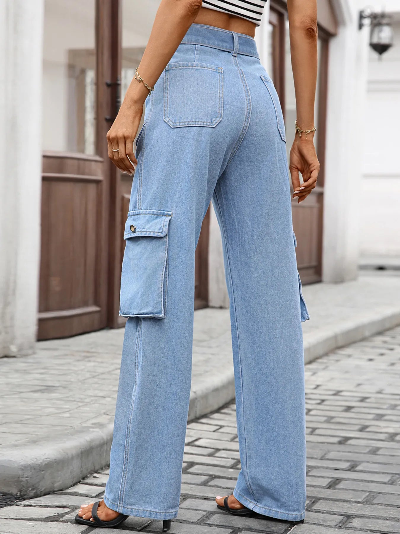 Jean cargo taille haute à poches multiples   Elégance District