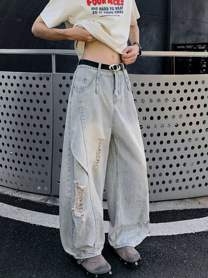 Jean homme grande taille à jambes larges et effet usé    Elégance District