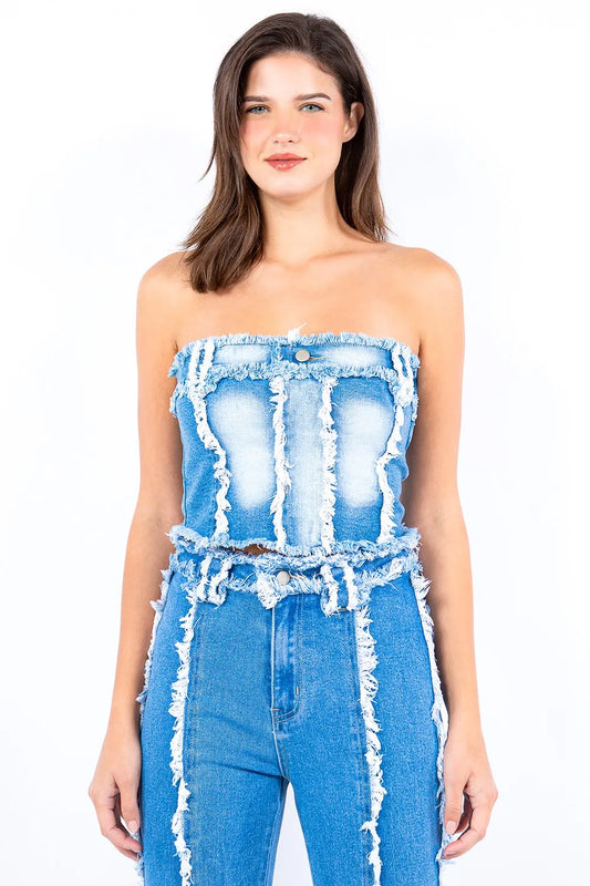 Corset en denim à bords effilochés American Bazi    Elégance District