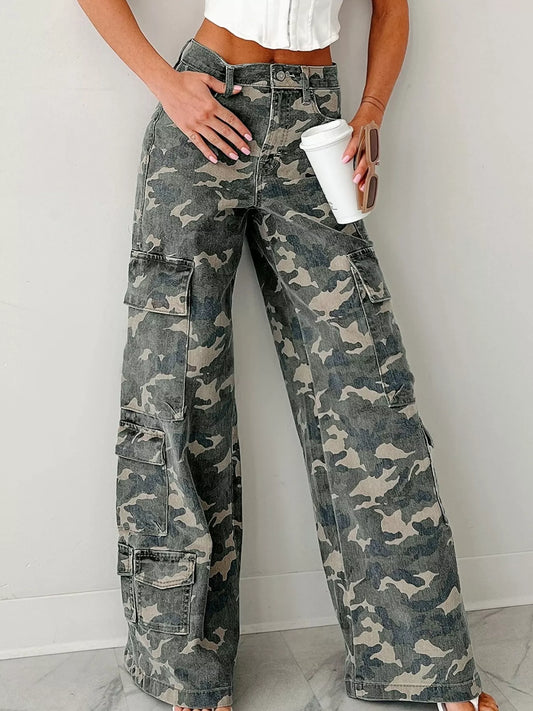 Jean cargo à jambes larges imprimé camouflage   Elégance District