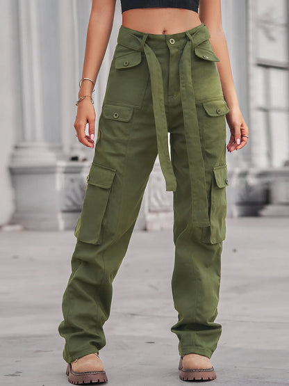 Jean cargo taille haute à poches multiples   Elégance District