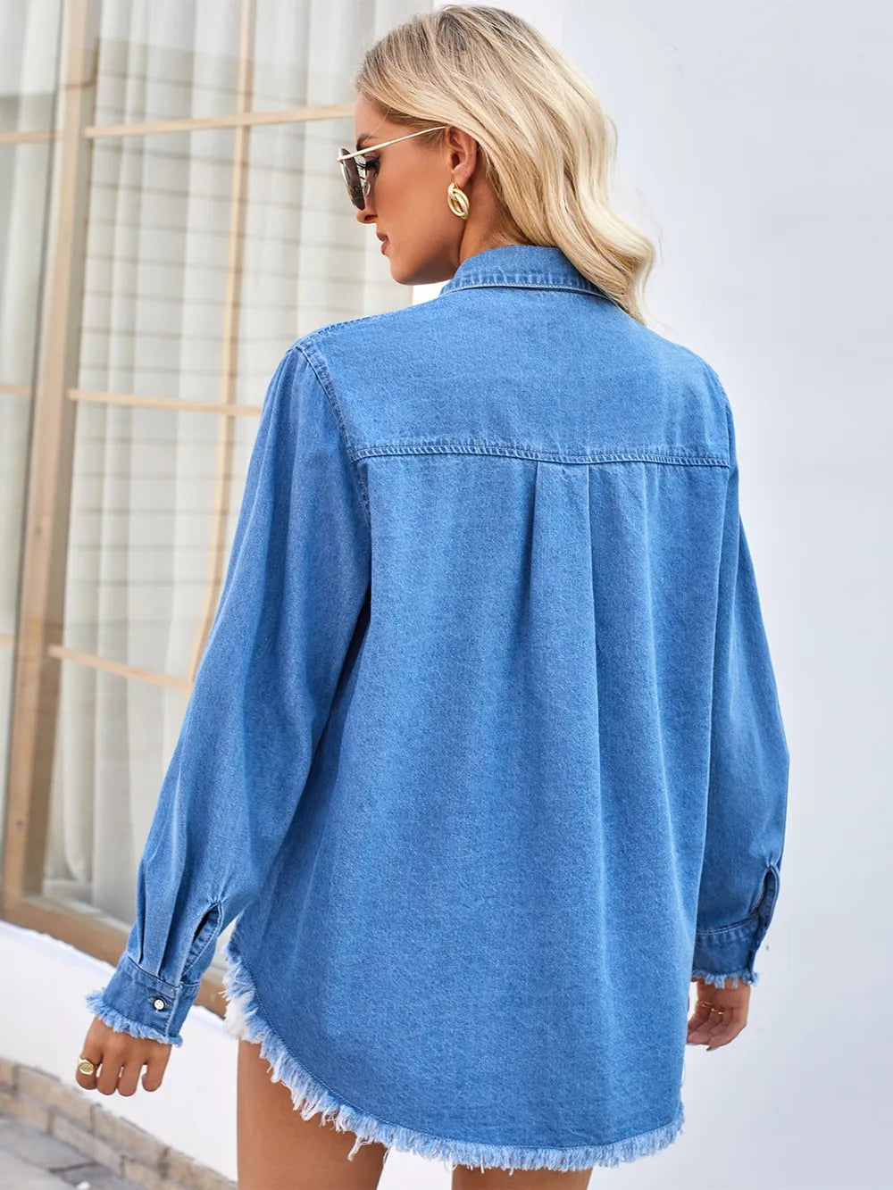 Veste jean à manches longues boutonnée à ourlet brut avec poches Sequin