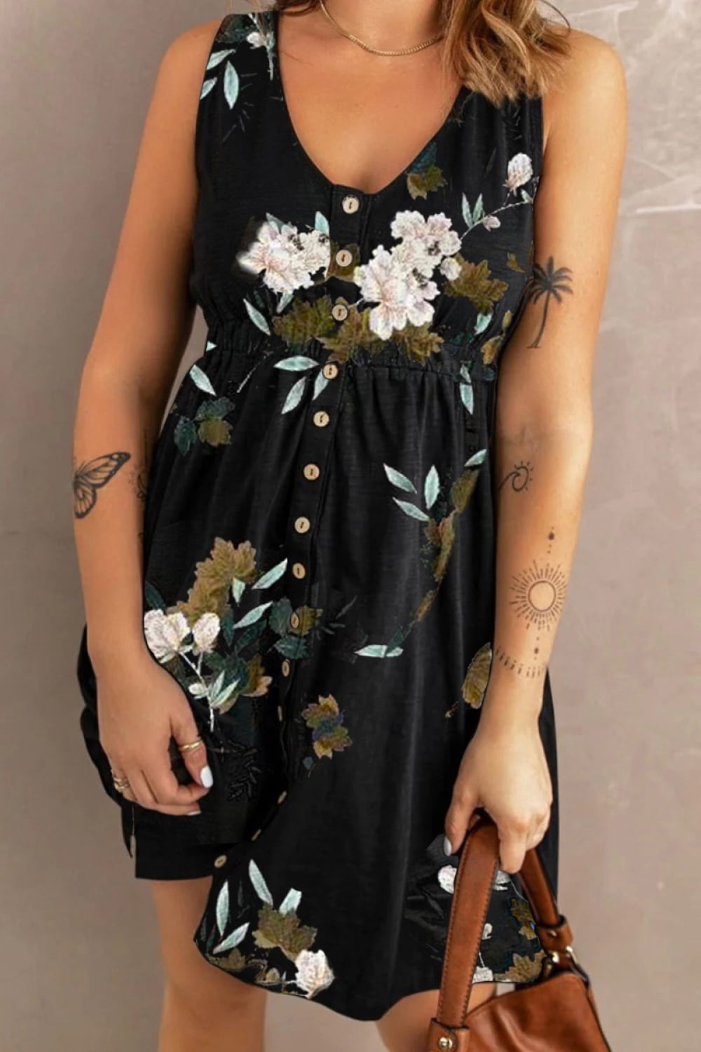 Robe Imprimée Boutonnée avec Poches Sans Manches - Élégance District