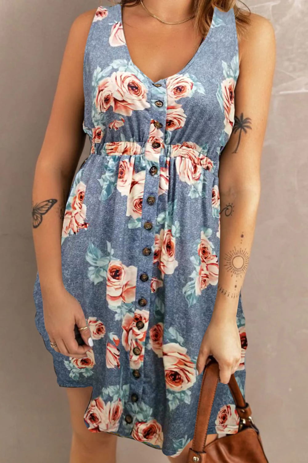 Robe Imprimée Boutonnée avec Poches Sans Manches - Élégance District