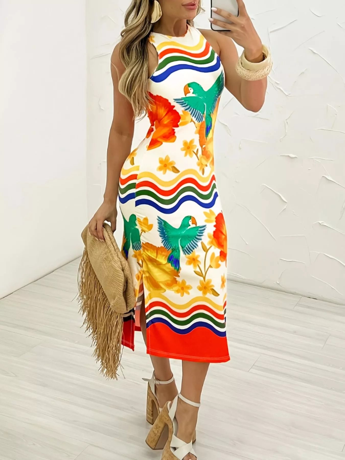 Robe midi sans manches à imprimé perroquet tropical grande taille  Elégance District