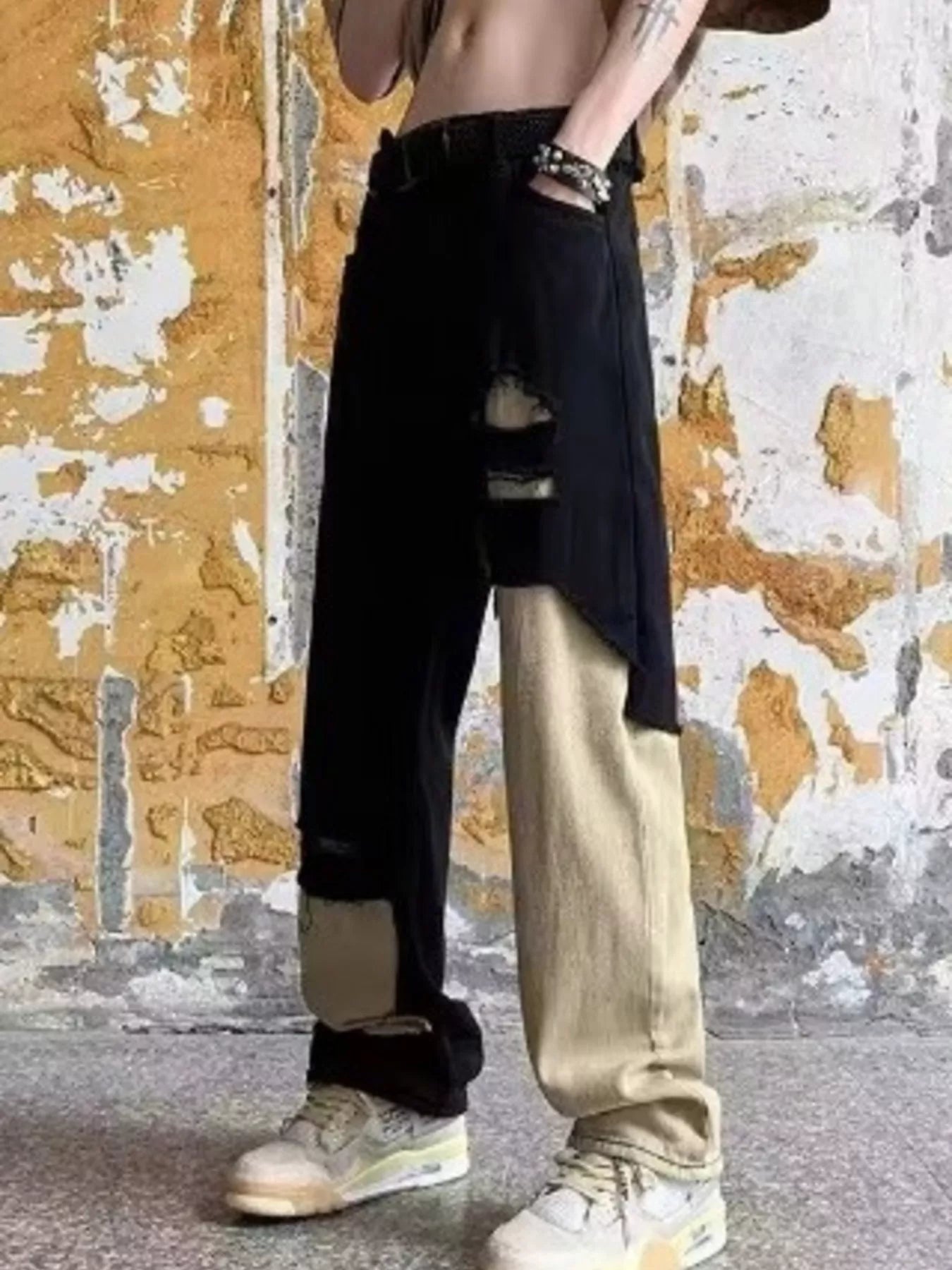 Jean homme grande taille bicolore déchiré à jambes larges   Elégance District