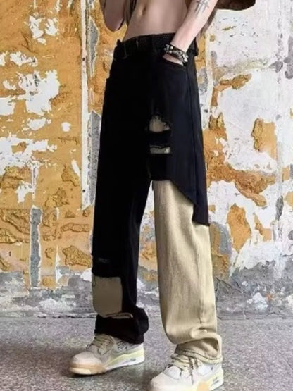 Jean homme grande taille bicolore déchiré à jambes larges   Elégance District