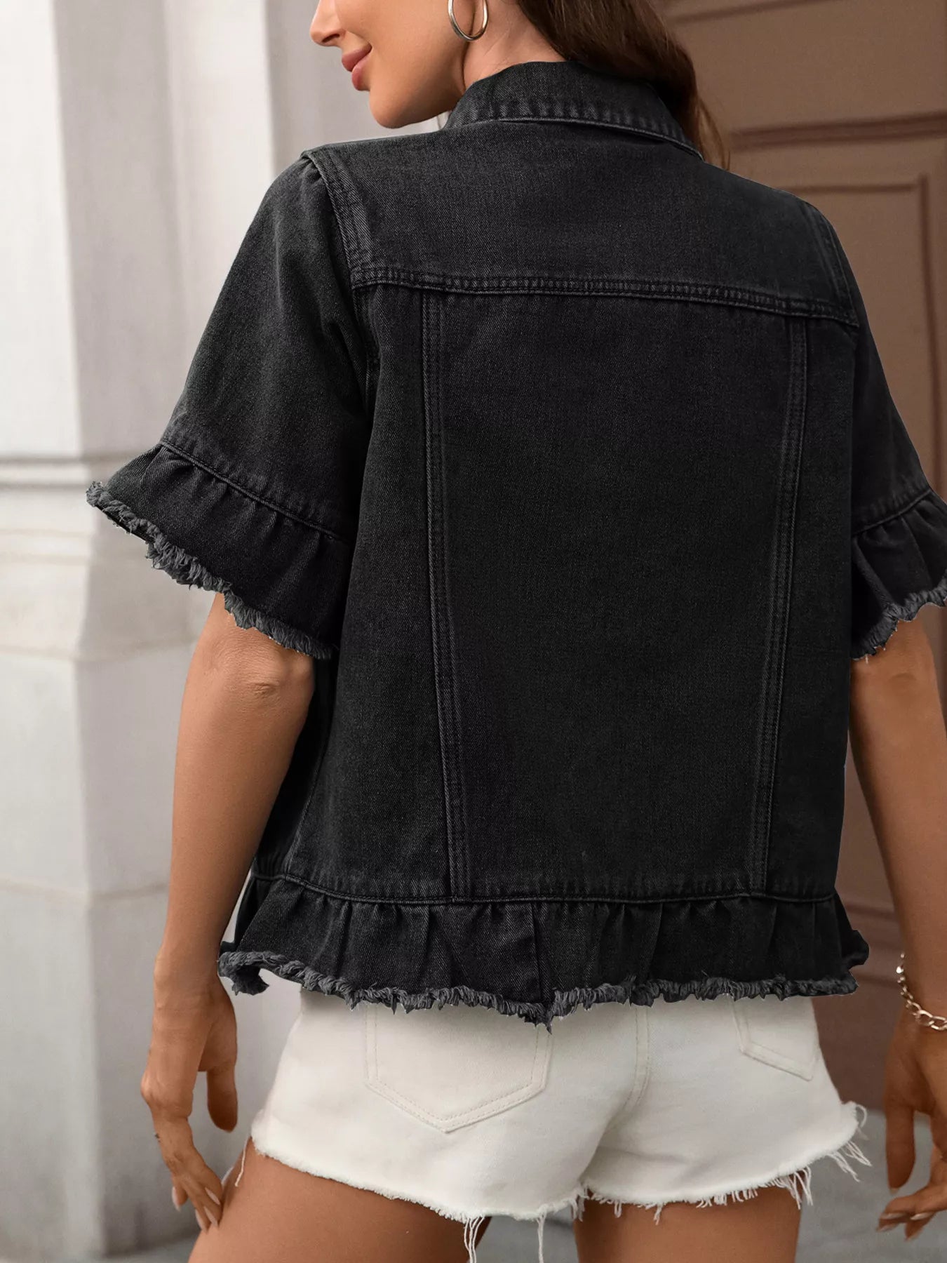 Veste jean boutonnée à ourlet brut - Élégance District - 