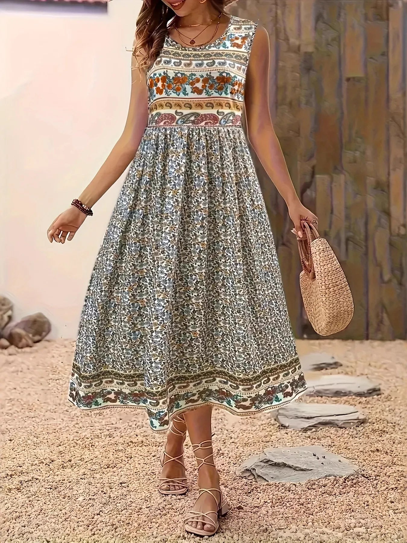 Robe midi sans manches à imprimé floral grande taille   Elégance District