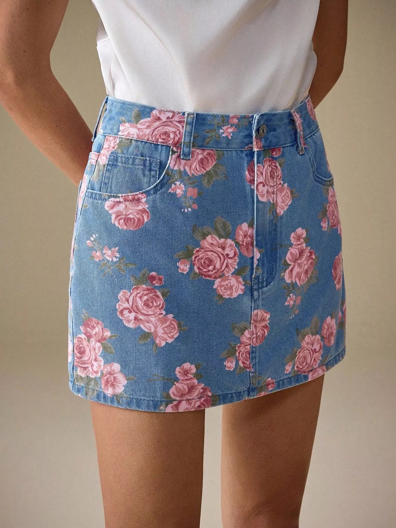 Jupe jean imprimé floral femme denim - Élégance District