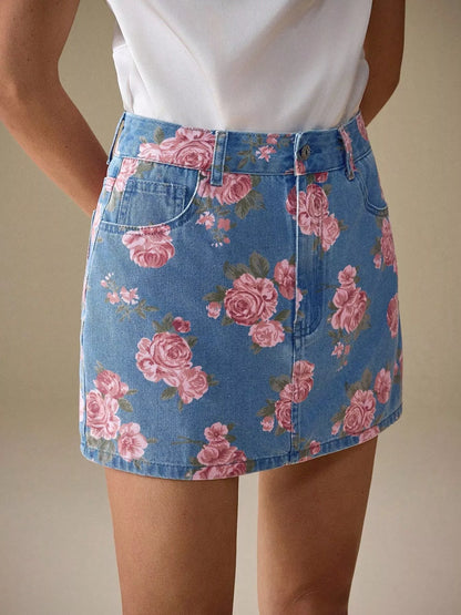 Jupe jean imprimé floral femme denim - Élégance District