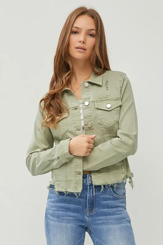 Veste  jean courte boutonnée à ourlet brut, grande taille   RISEN  
