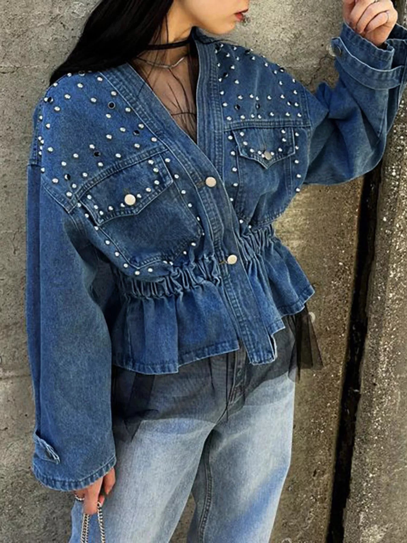 Veste  jean boutonnée cloutée  Elégance District