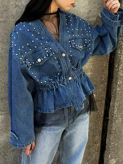 Veste  jean boutonnée cloutée  Elégance District