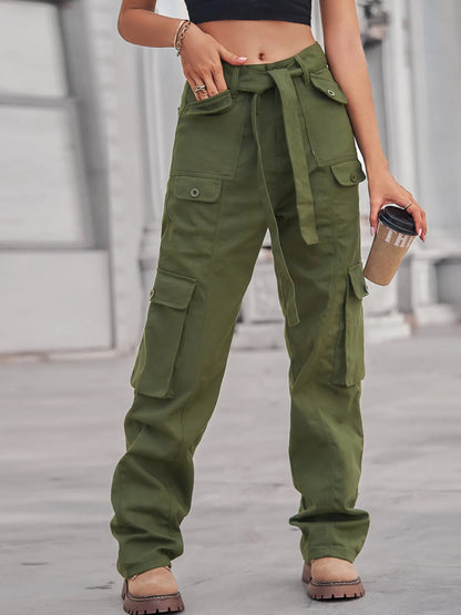 Jean cargo taille haute à poches multiples   Elégance District