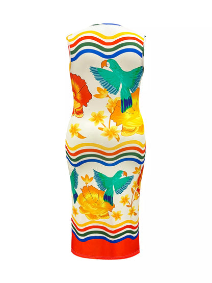 Robe midi sans manches à imprimé perroquet tropical grande taille  Elégance District