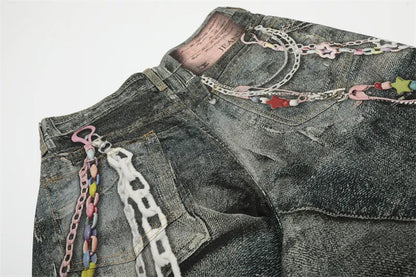 Short jean imprimé de chaînes à perles colorées pour homme   Elégance District