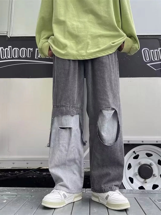 Jean homme grande taille à jambes larges et effet usé   Elégance District